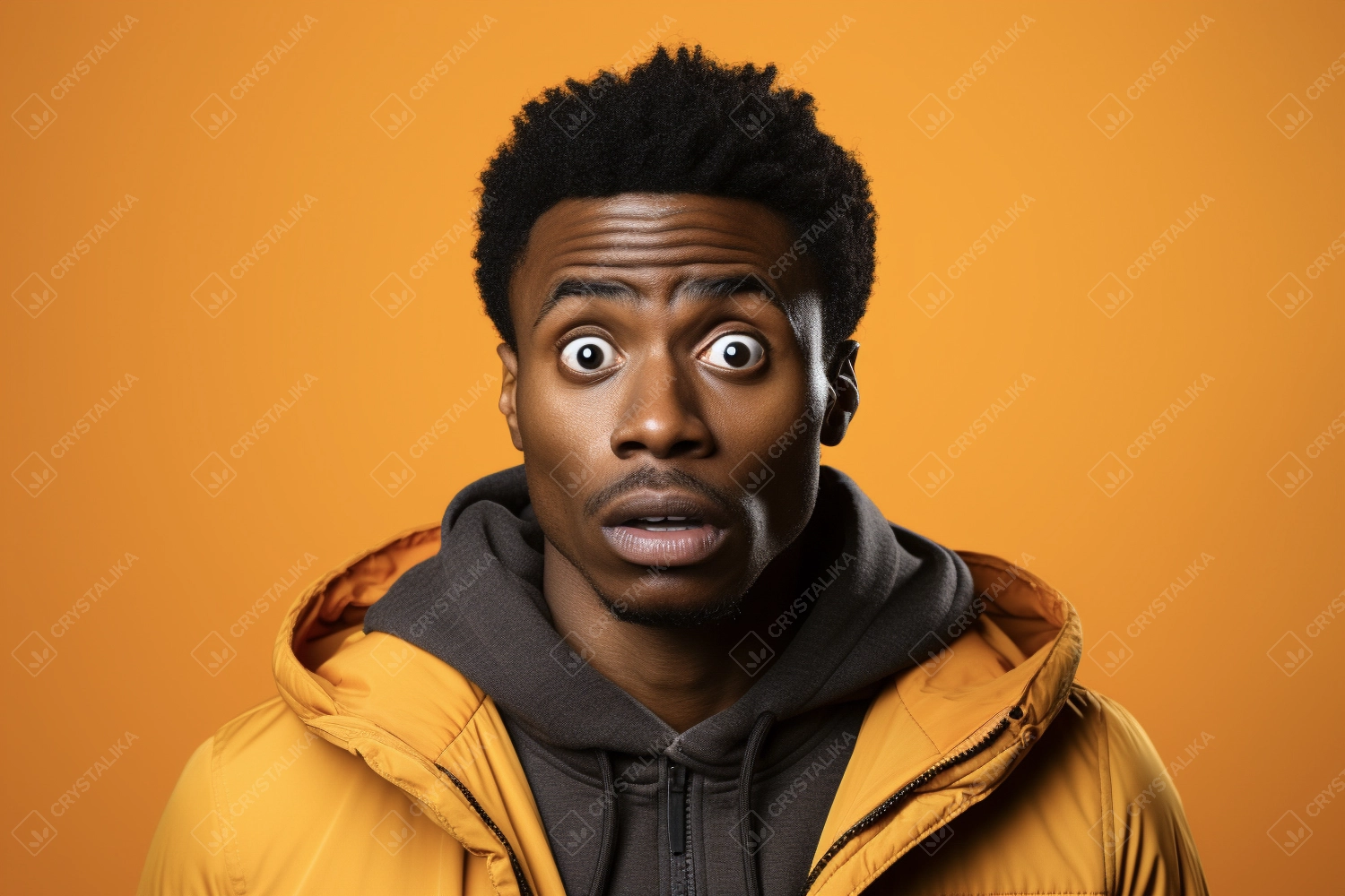 Young black man looking at camera in shock against bright solid background.