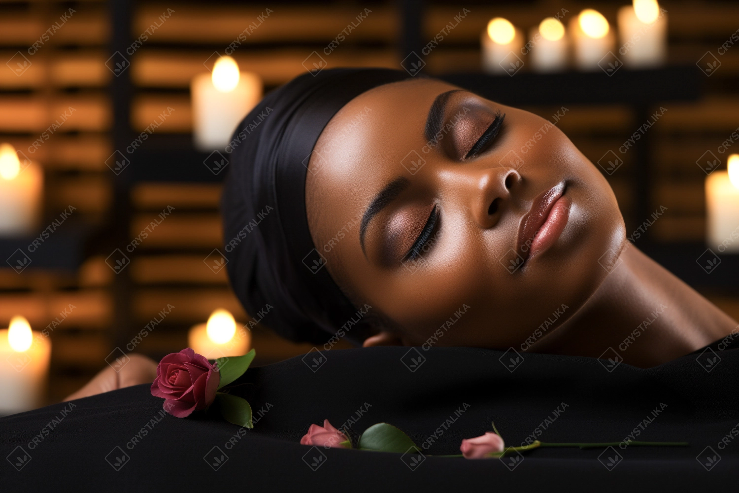 Relaxed black young woman lying on table in wellness center, closeup