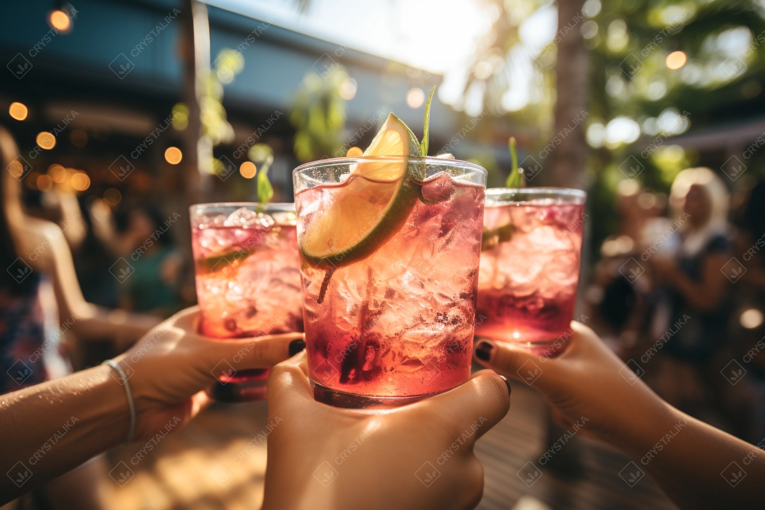 Women hands toasting with cocktails on summer party - Young people event celebration concept