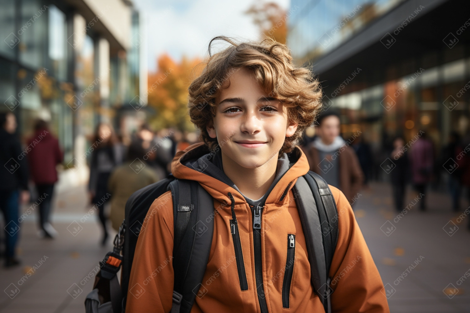 Portrait of happy teen boy on the way to school. Back to school concept.