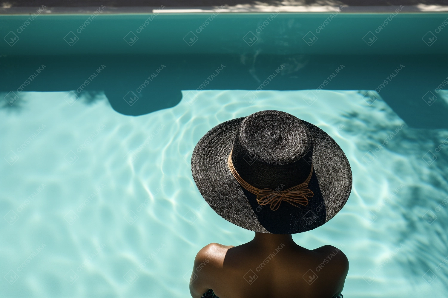 Young black woman wearing straw hat relaxing at spa pool - Beautiful woman relaxing in outdoor spa swimming pool - Back view of attractive girl enjoy vacation at resort.