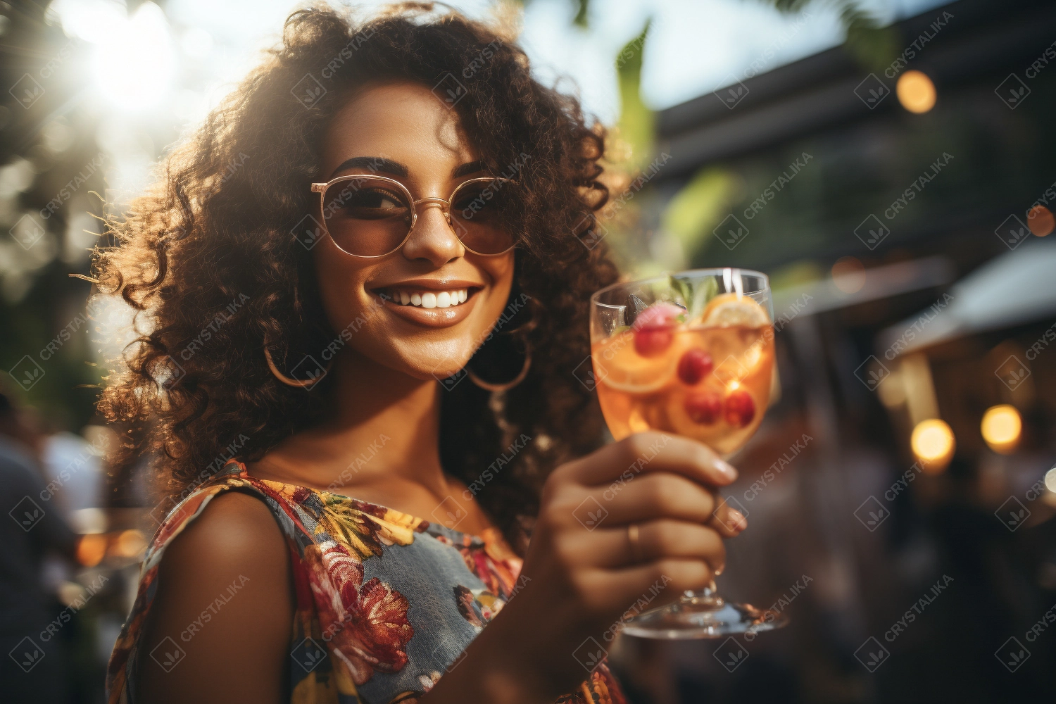 Beautiful young African american woman in summer outfit drinking refreshing cocktail at evening party - Young woman drink cocktail at restaurant - Summer refreshing drinks with ice.