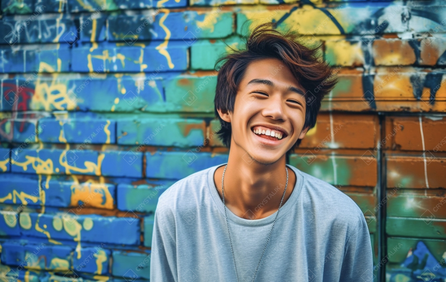 Portrait of smiling modern young teen Asian standing against painted wall in city street.