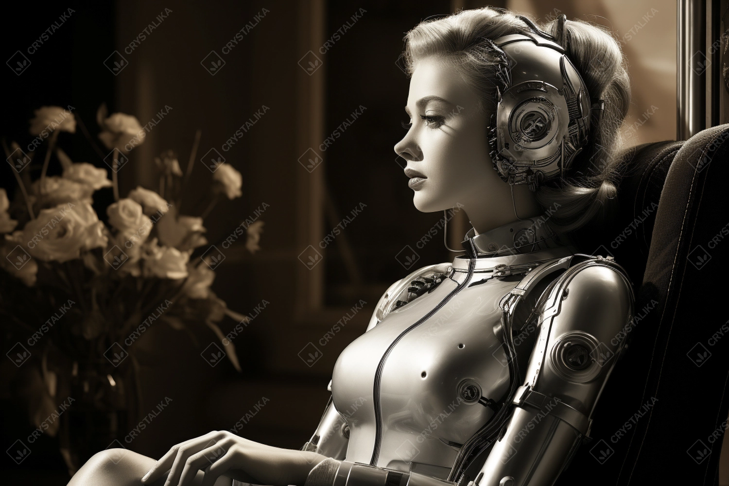 Humanoid robot woman sits in a armchair. Cybernetic robotic cyborgs characters from science fiction. Artificial intelligence technology concept.