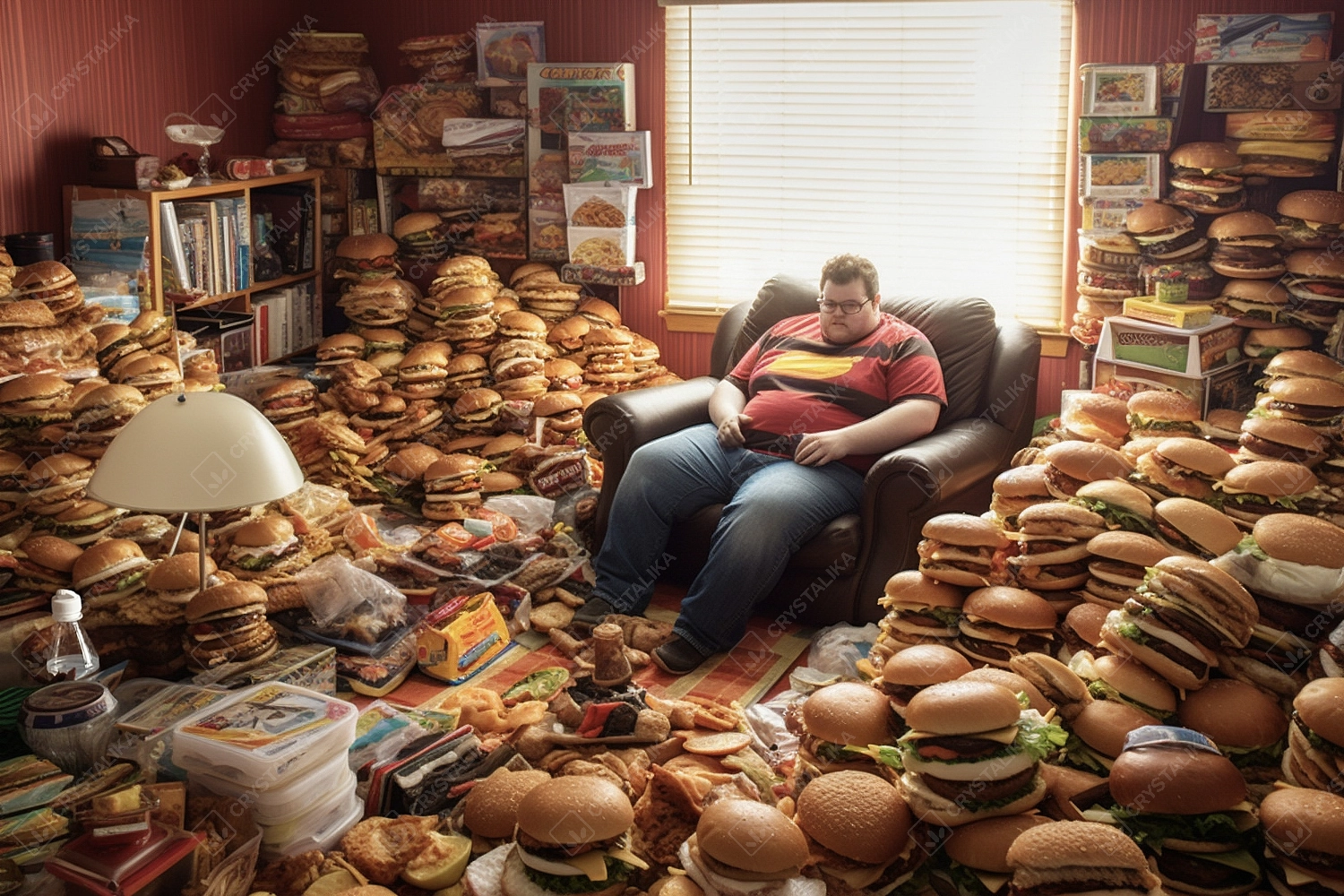 Fat guy sitting on armchair inside a room full of hamburgers and junk food.