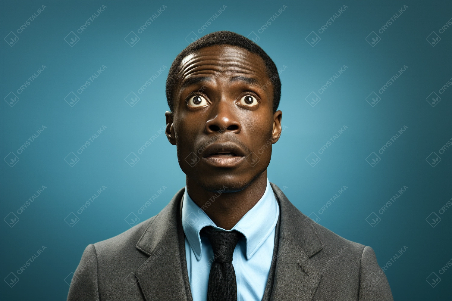 Black businessman looking up in shock against solid background. Generative AI.