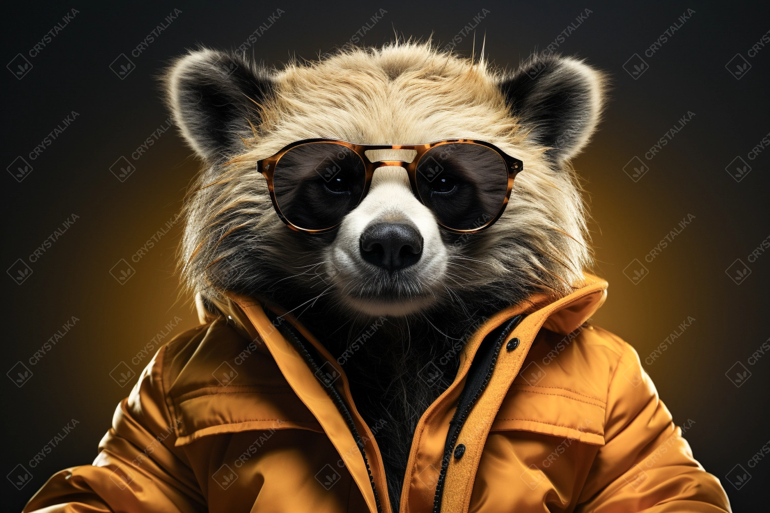 Portrait of bear with sunglasses wearing winter jacket on solid background.