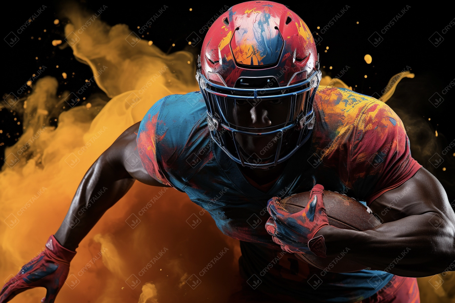 American football sportsman player running trough fluid multicolor powder.