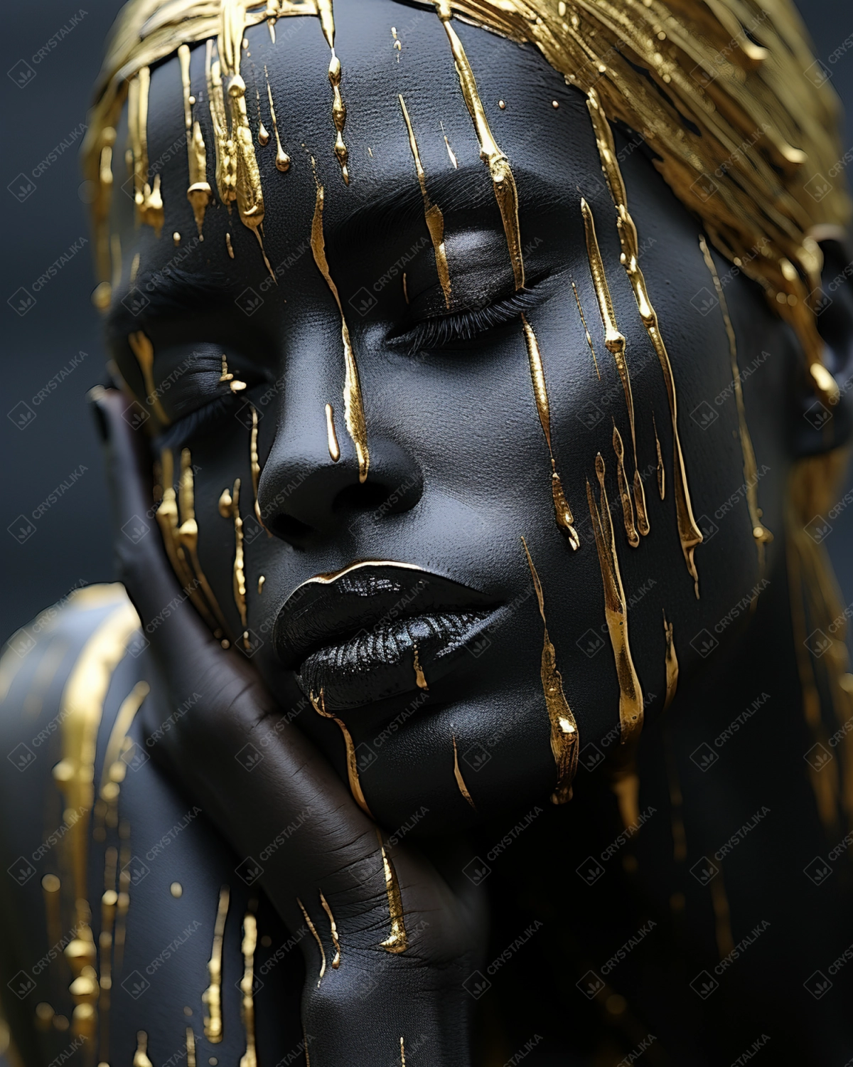 Black supermodel with gold castings on her face