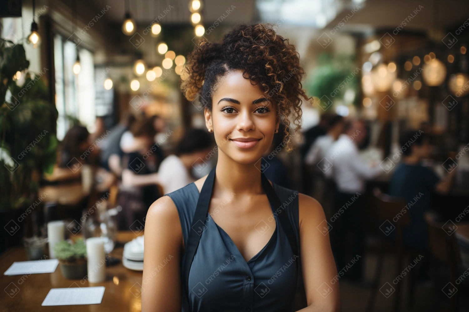 Young woman waiter ready to take orders. Coffee shop, barista and confident, happy and proud young female employee, worker or small business owner of cafeteria.