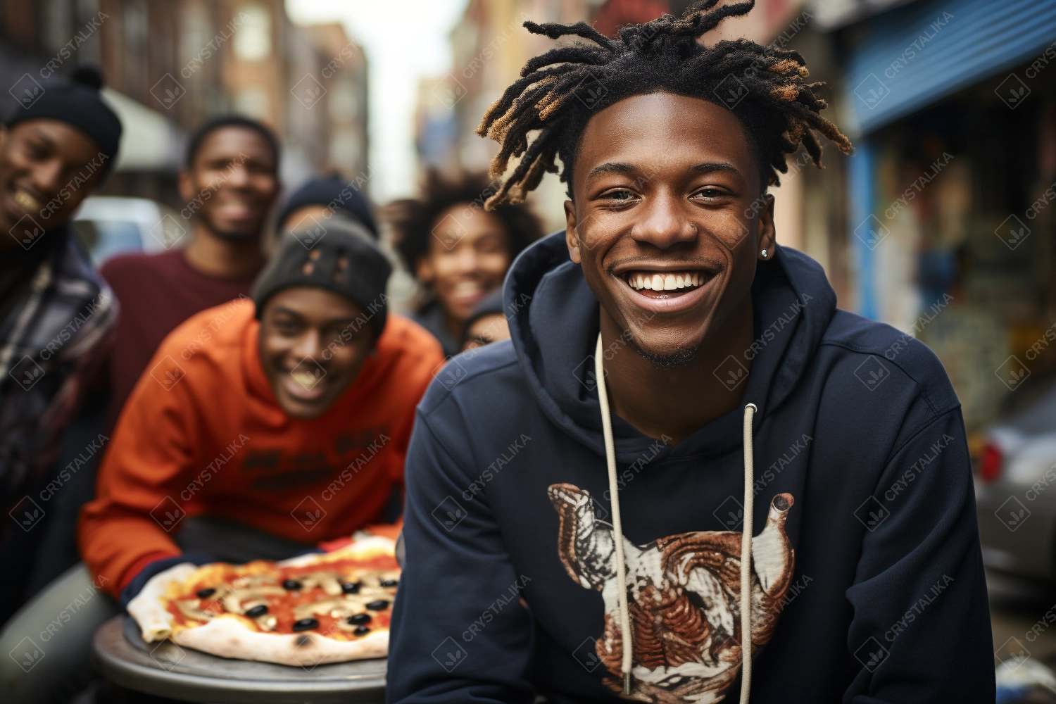 Group of smiling young African American friends sharing pizza in front of garage.