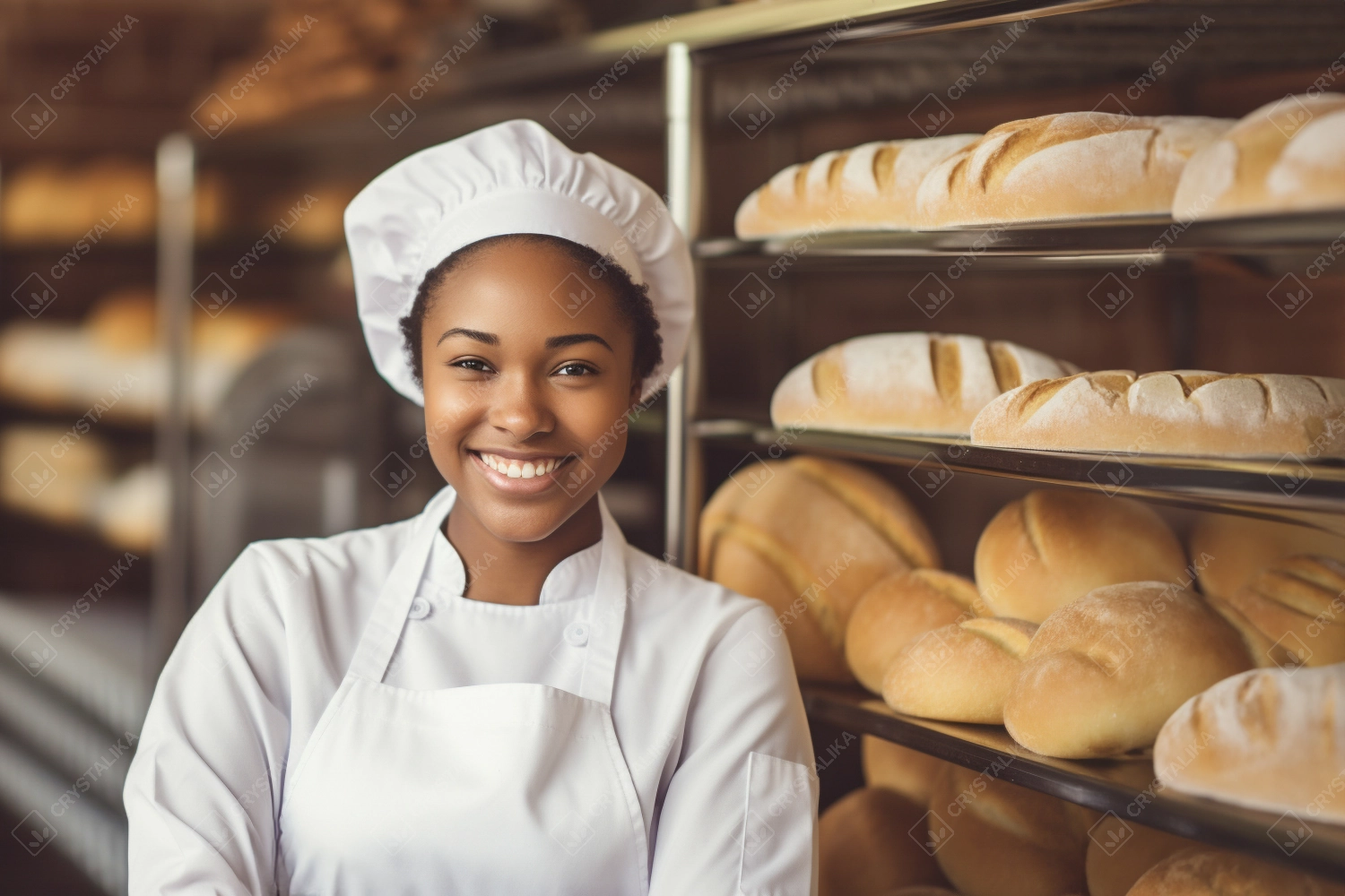 Young female baker standing at workplace on baking manufacture.