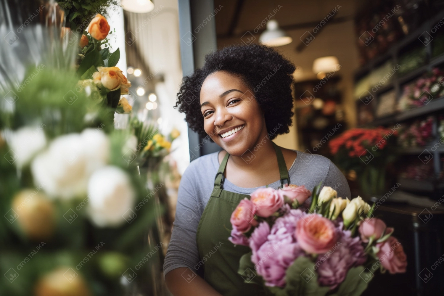 Happy young florist smiling while working in a florist shop. Young small business female owner standing in front of her flower shop.