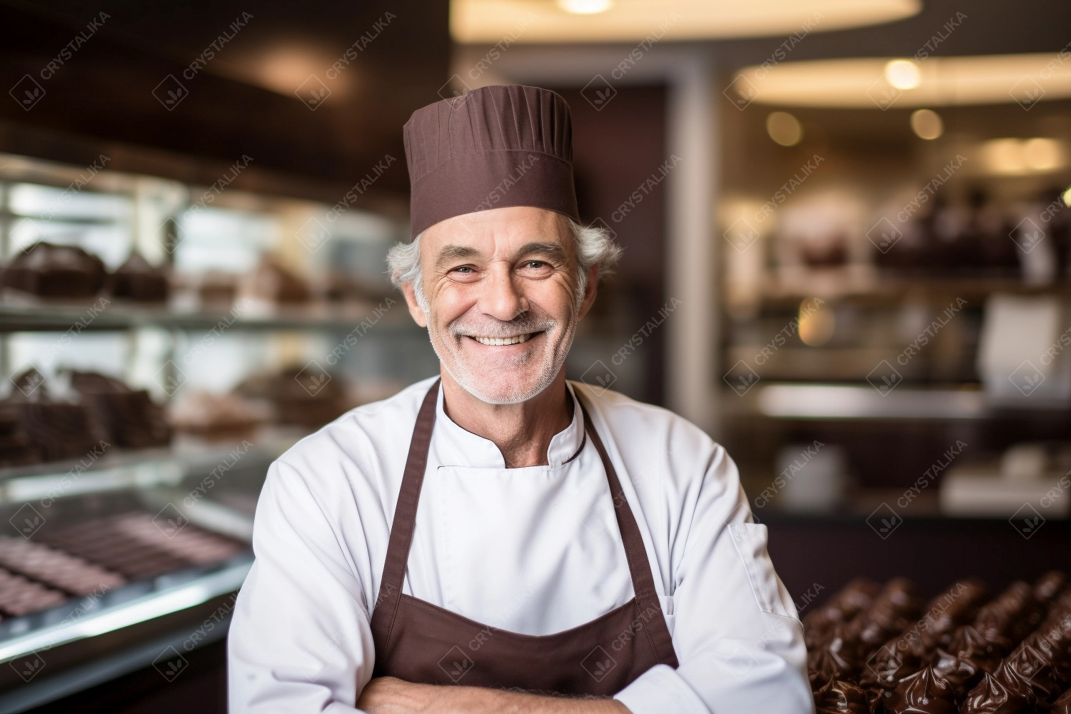 Happy chocolatier in chef hat standing near tasty chocolate candies. Master chef in uniform in the chocolate shop. Professional pastry chef, chocolatier, baker or cook.