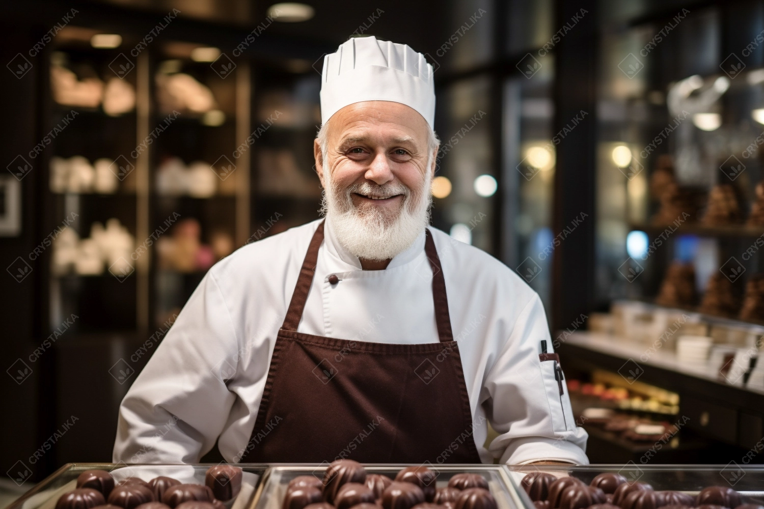 Happy chocolatier in chef hat standing near tasty chocolate candies. Master chef in uniform in the chocolate shop. Professional pastry chef, chocolatier, baker or cook.