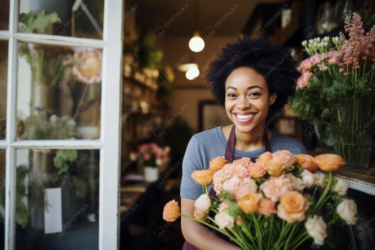 Happy young florist smiling while working in a florist shop. Young small business female owner standing in front of her flower shop.