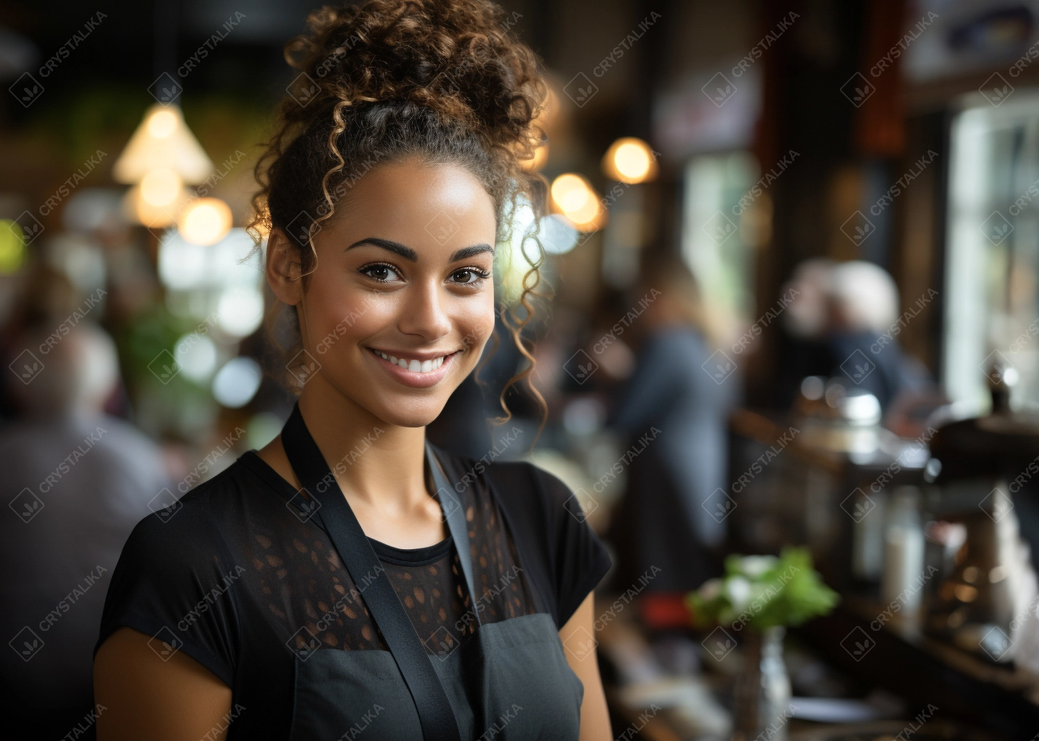 Young woman waiter ready to take orders. Coffee shop, barista and confident, happy and proud young female employee, worker or small business owner of cafeteria.