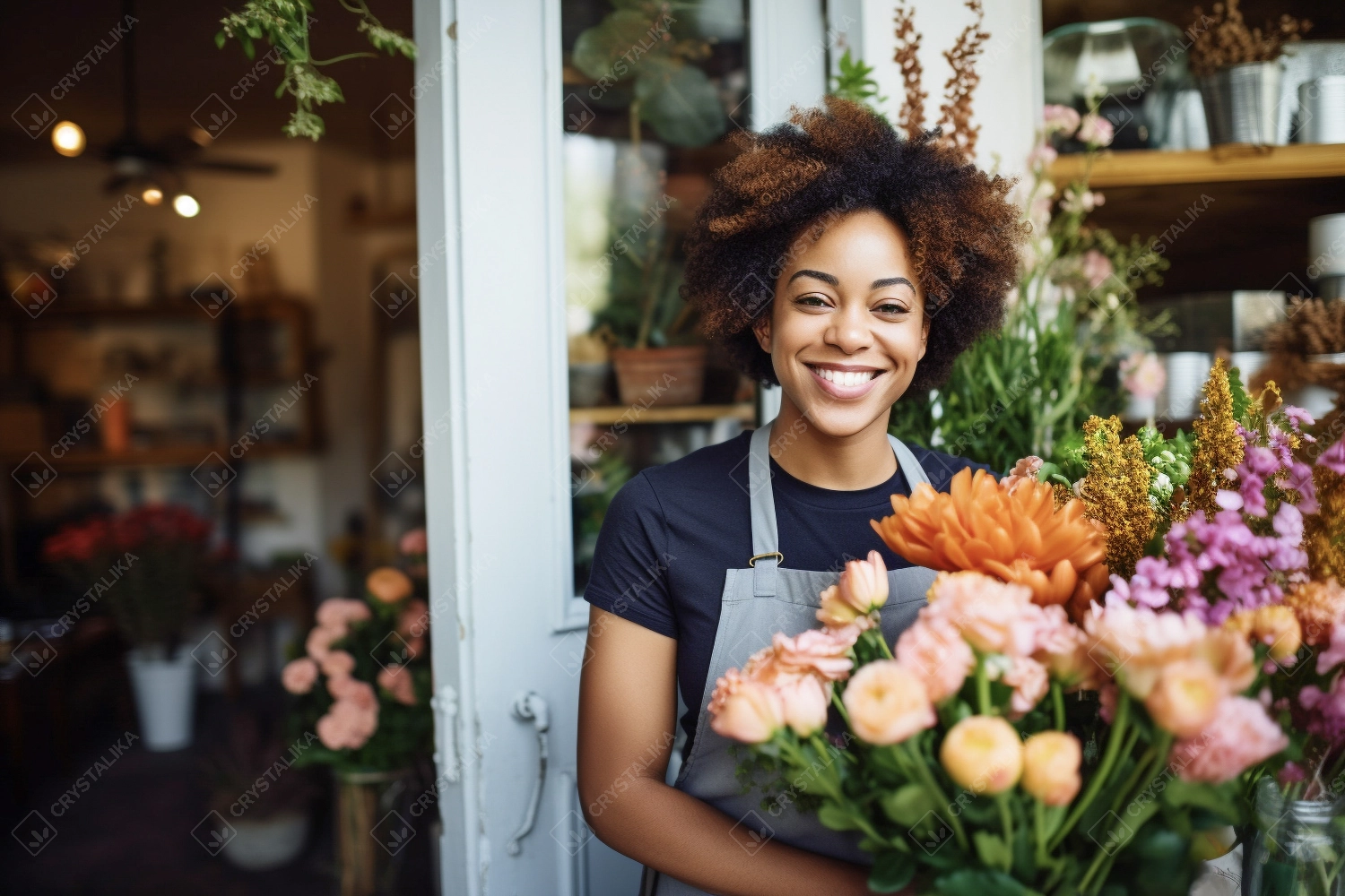 Happy young florist smiling while working in a florist shop. Young small business female owner standing in front of her flower shop.