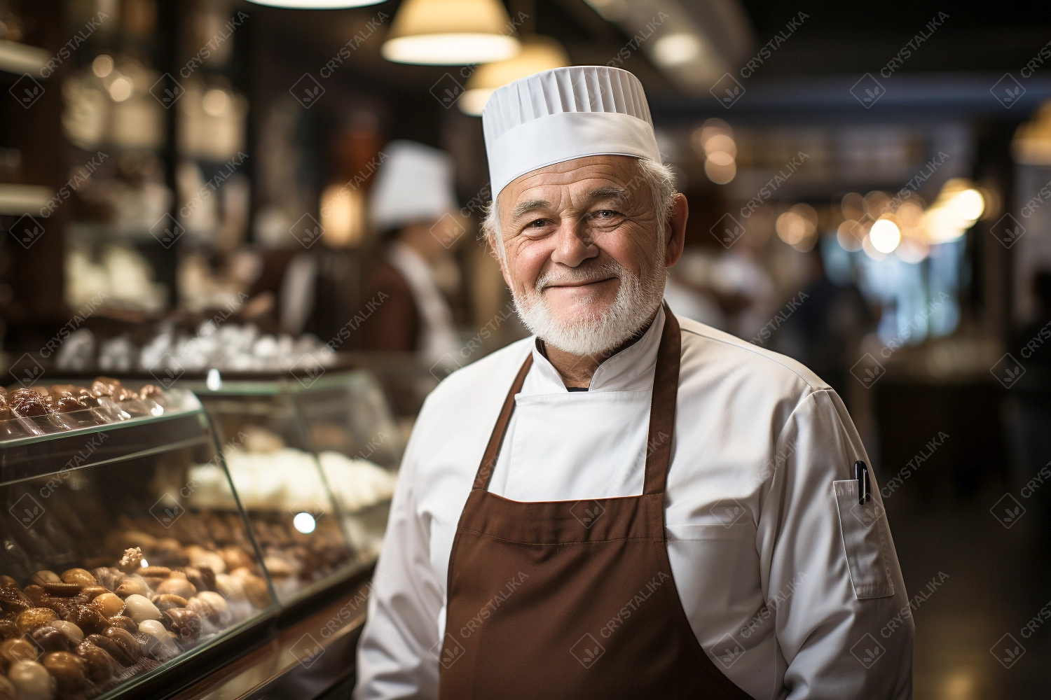 Happy chocolatier in chef hat standing near tasty chocolate candies. Master chef in uniform in the chocolate shop. Professional pastry chef, chocolatier, baker or cook.