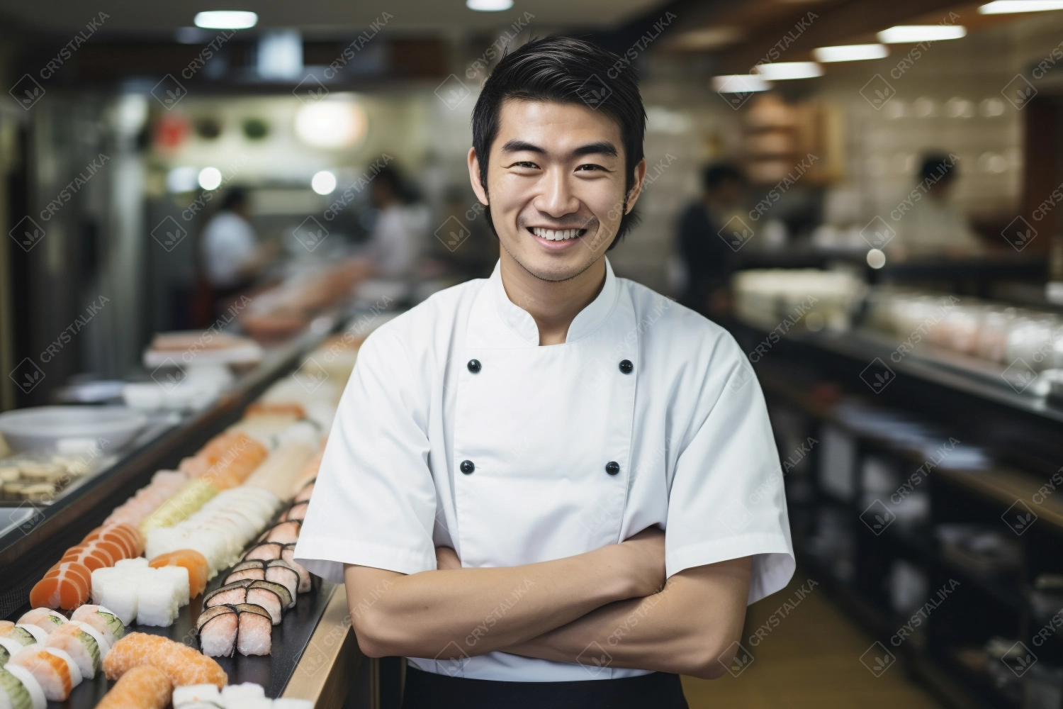 Portrait of a smiling Japanese chef in uniform. A chef, an itamae or master sushi chef wearing white jacket and apron in the kitchen.