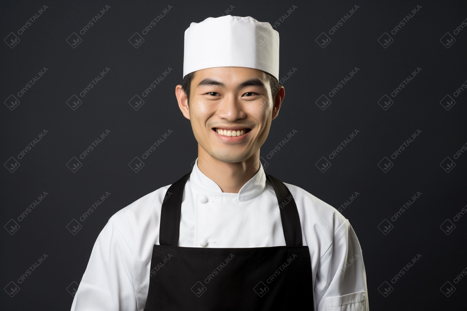 Portrait of a smiling Japanese chef in uniform. A chef, an itamae or master sushi chef wearing white jacket and apron on solid color background.