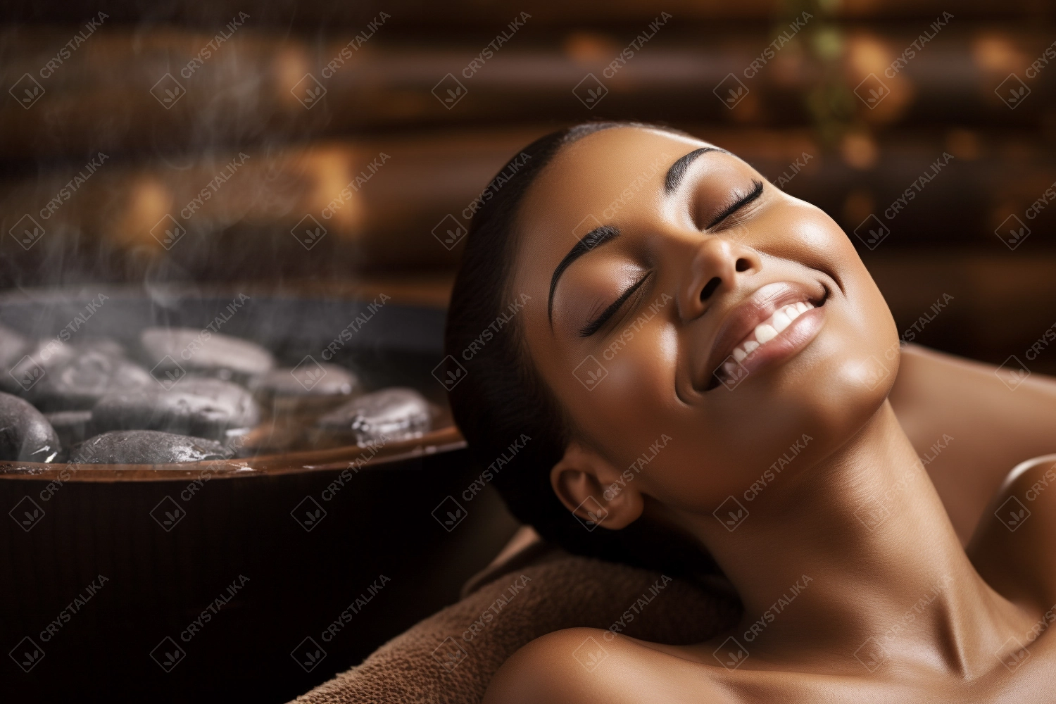 Young African American woman relaxing and sweating in hot sauna - Relax in hot bathhouse with steam