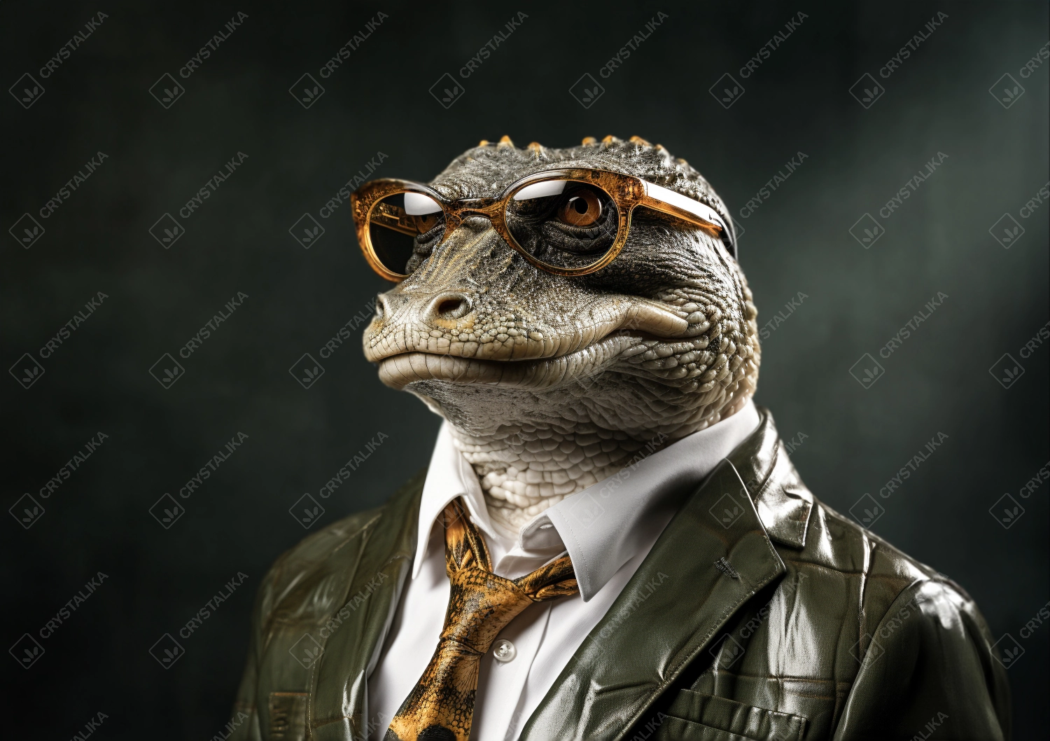 Portrait of crocodile with sunglasses wearing leather jacket and tie on solid green background.