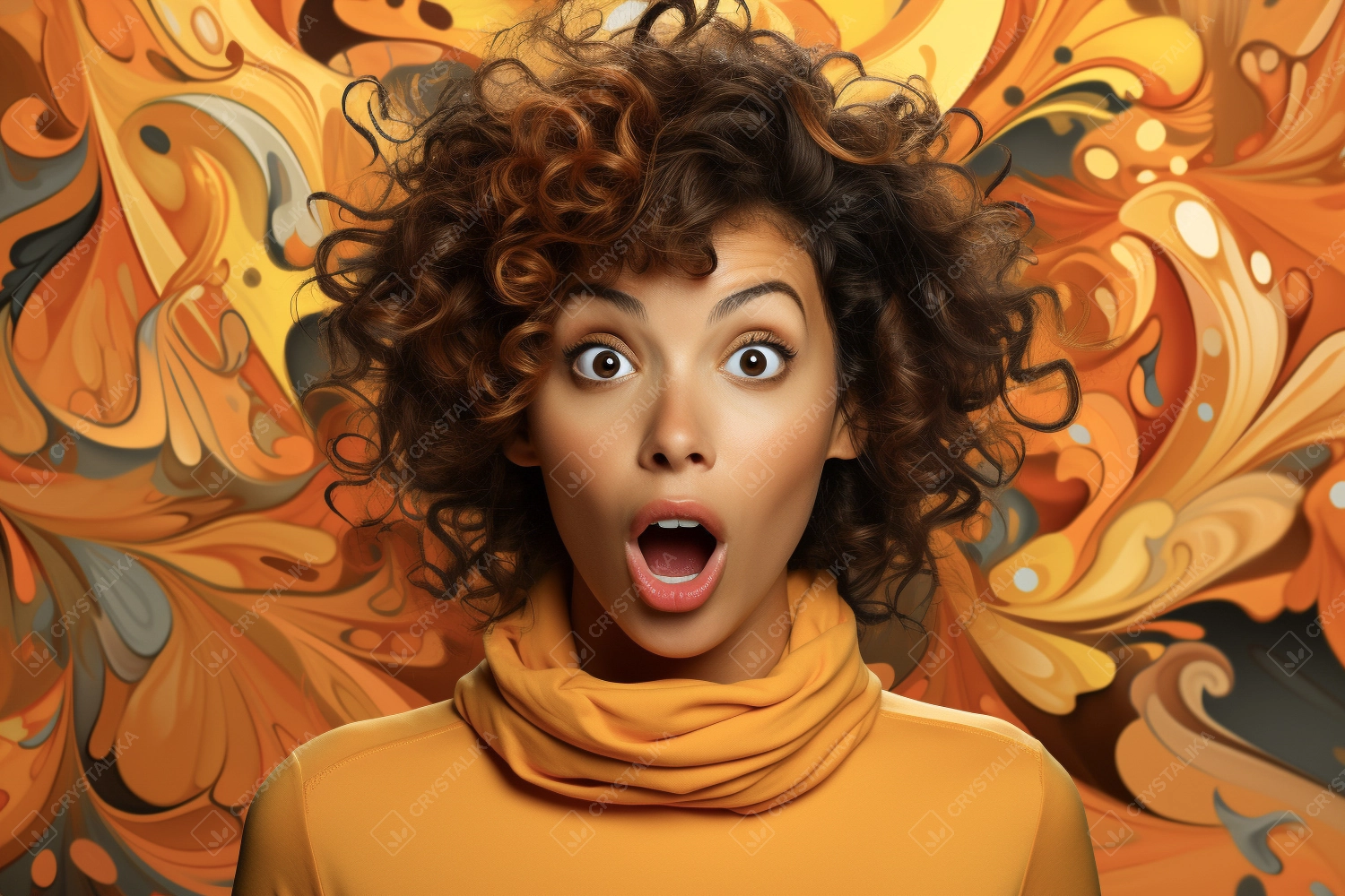 Beautiful young black woman looking at camera in shock against abstract colorful background.