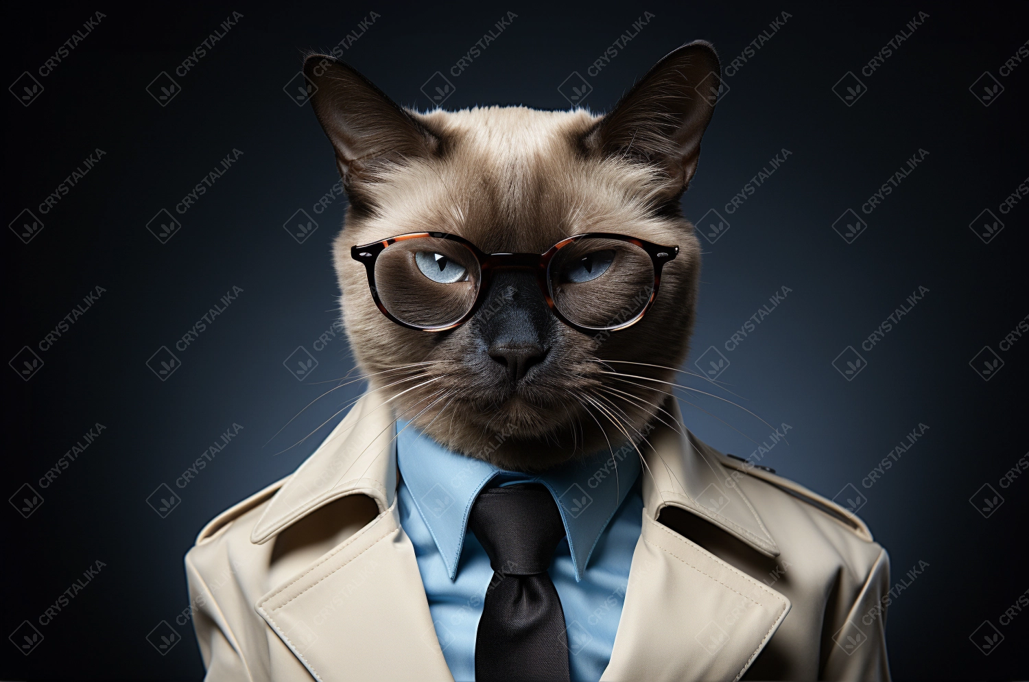 Portrait of cat with glasses wearing trench coat and tie on solid background. Generative AI.