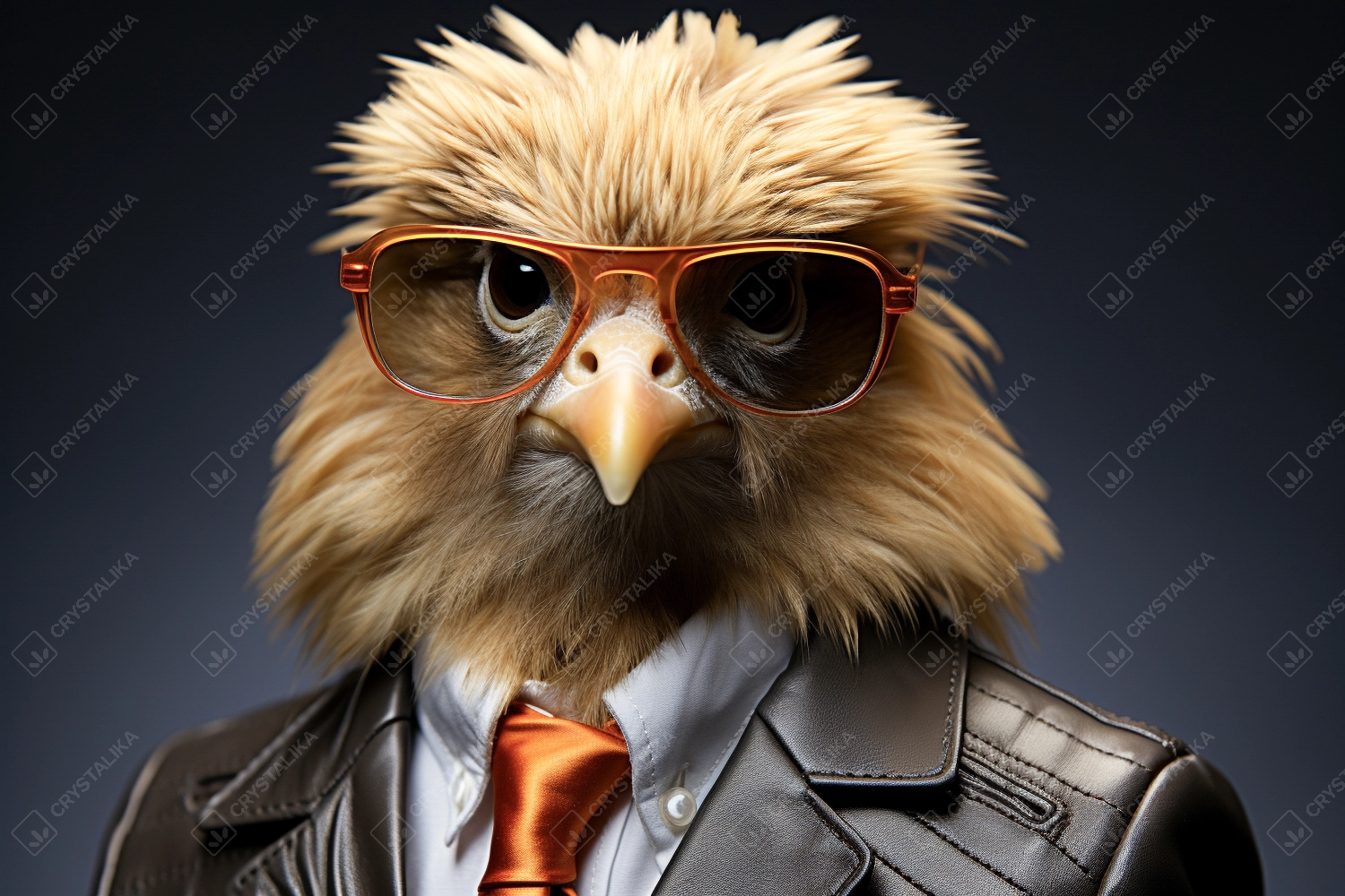 Portrait of hen chick with sunglasses wearing suit and tie on solid background.