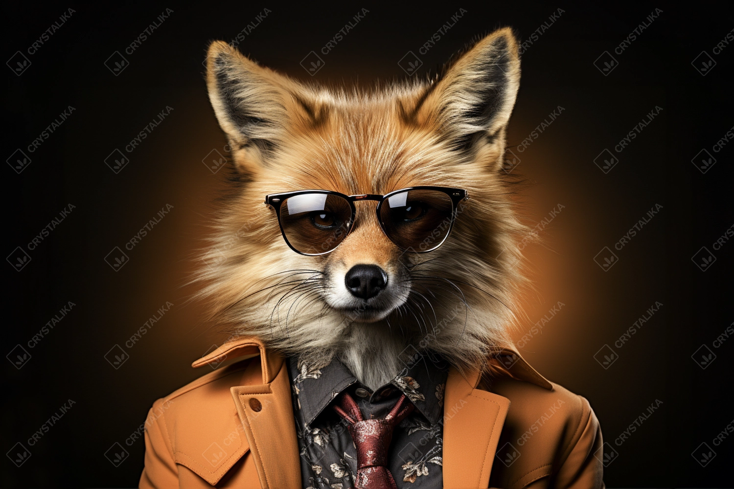 Portrait of red fox with sunglasses wearing suit and tie on solid background.