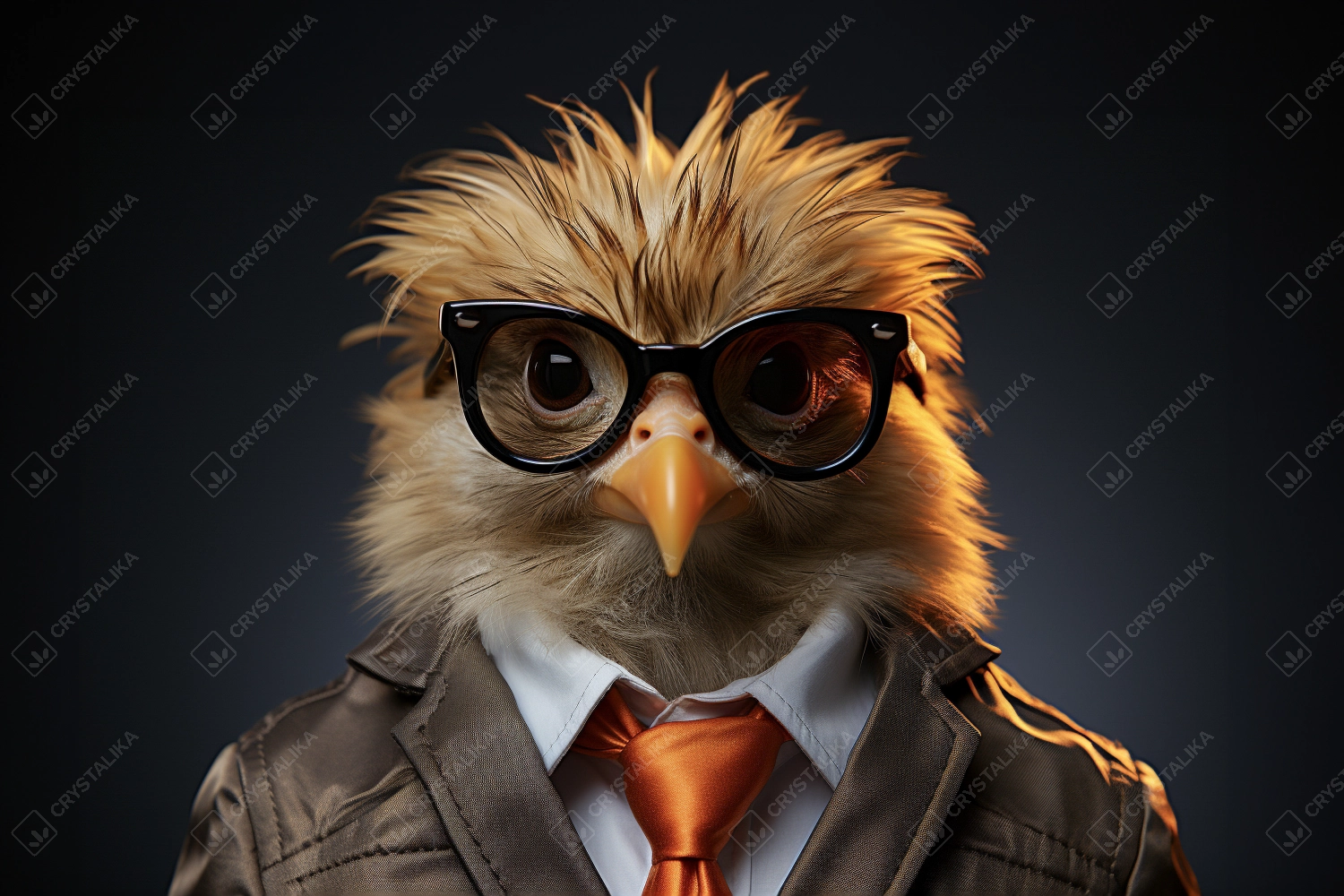 Portrait of hen chick with sunglasses wearing suit and tie on solid background.