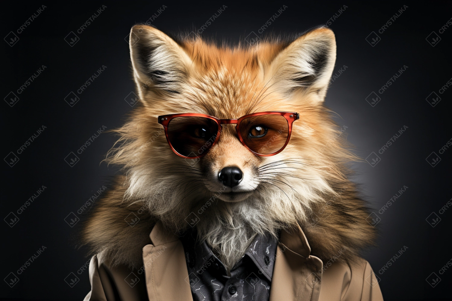 Portrait of red fox with sunglasses wearing winter jacket and shirt on solid background.