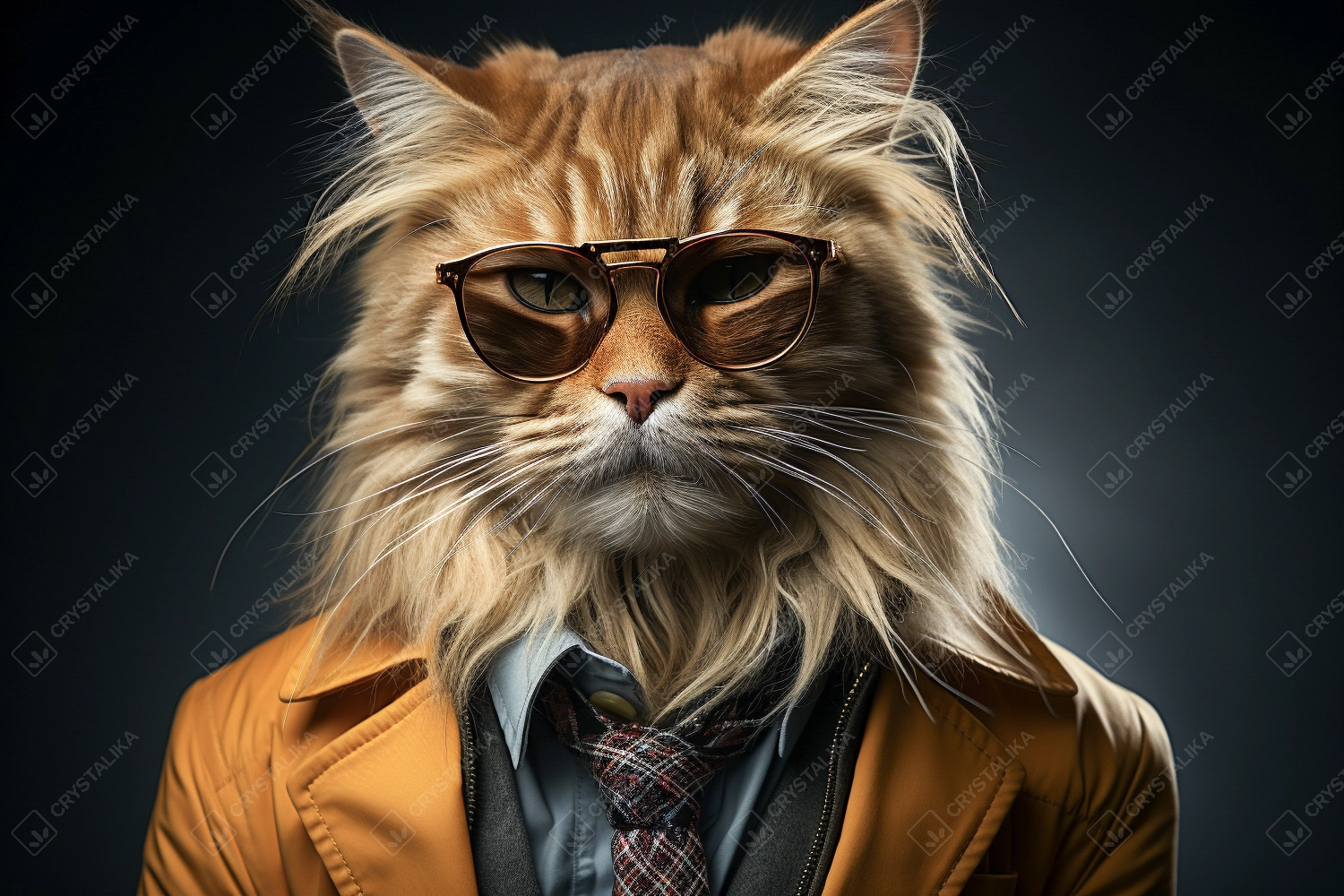 Portrait of cat with sunglasses wearing jacket and tie on solid background.