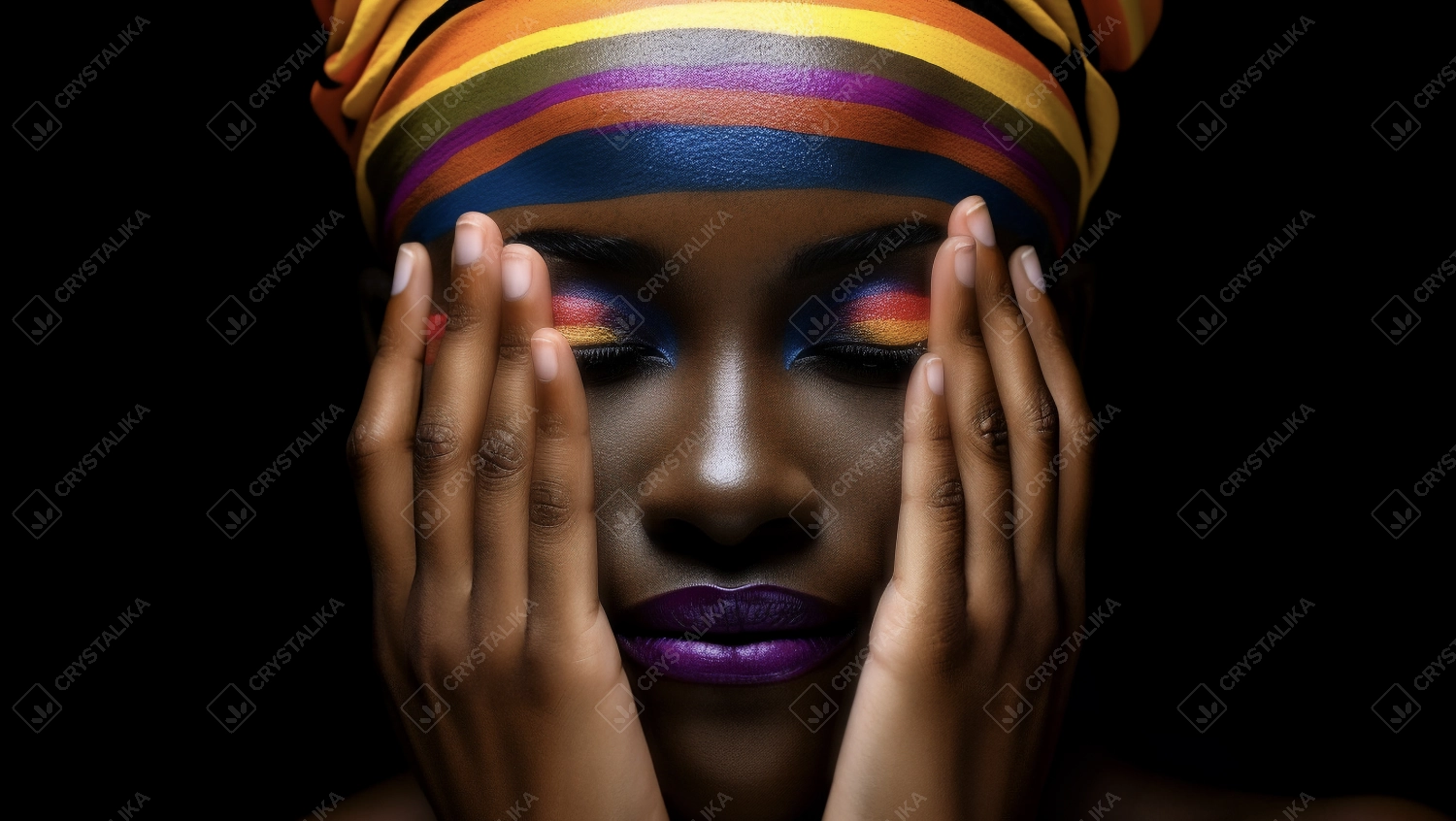 Close-up of African woman with colorful makeup covering her eyes with her hands. Female model with vibrant makeup on black background.