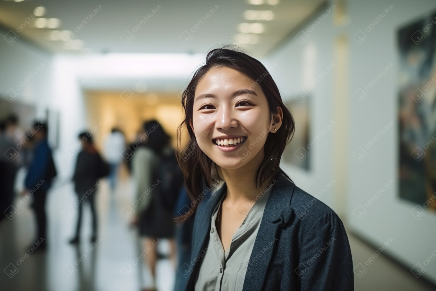 Portrait of a young Asian woman at an art gallery for an exhibition. Young student at museum.