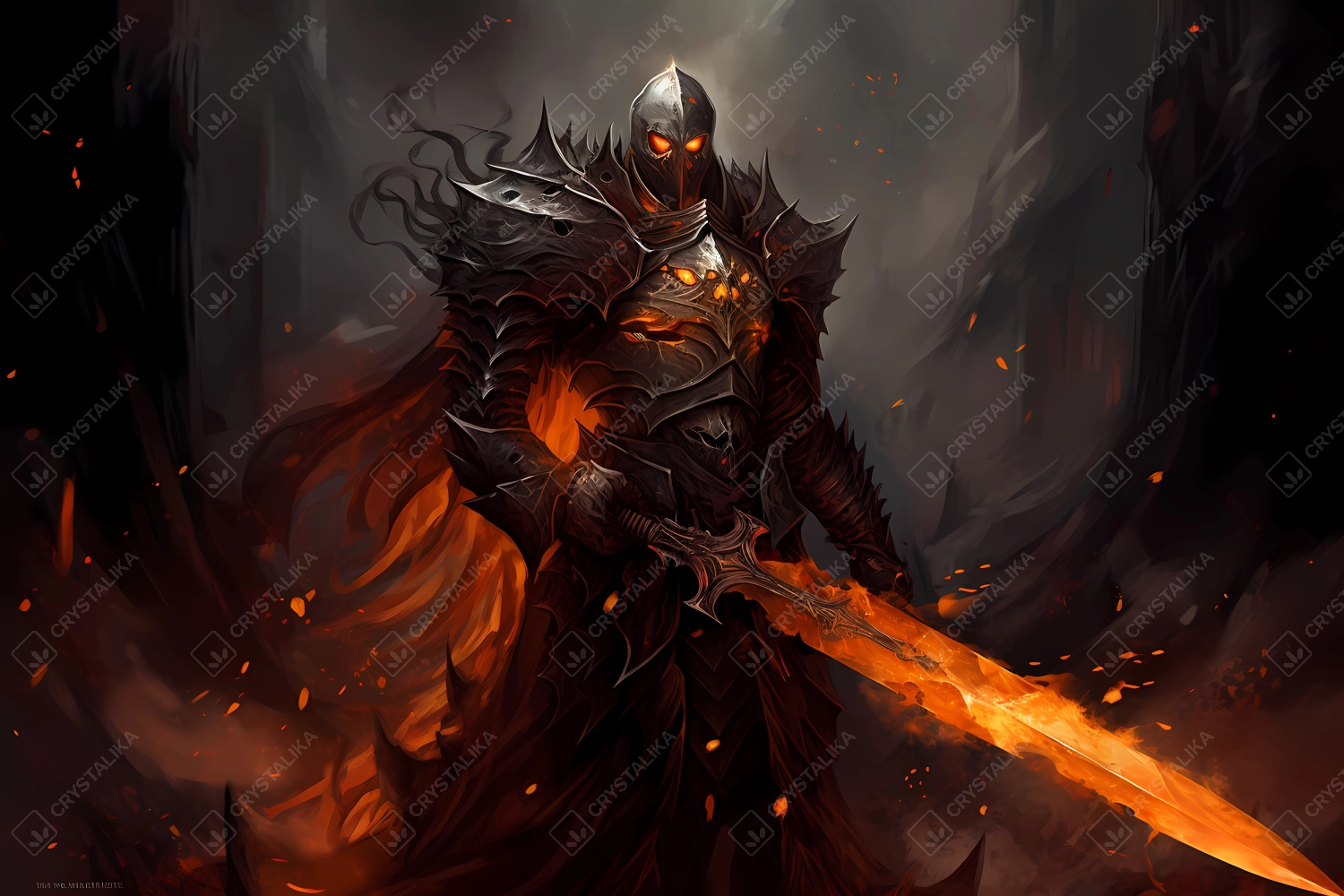 Dark undead knight with burning sword