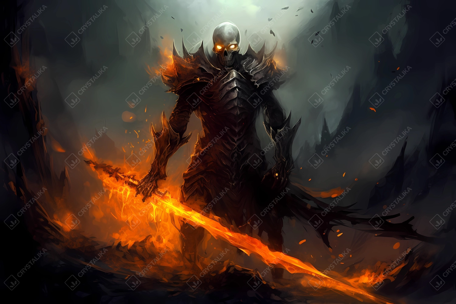 Dark undead knight with burning sword