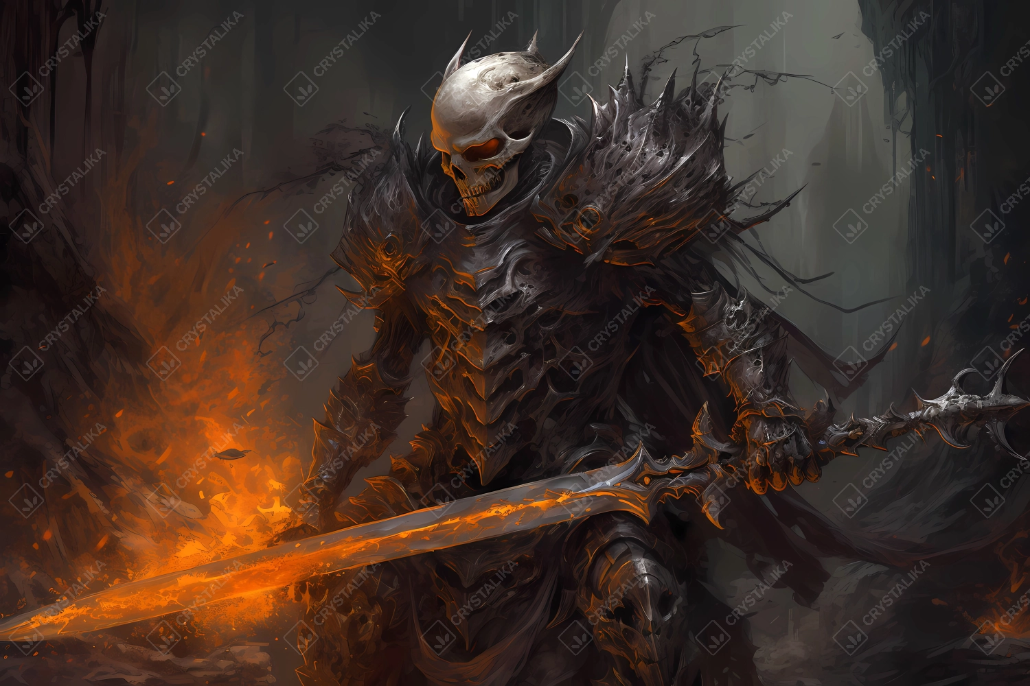 Dark undead knight with burning sword