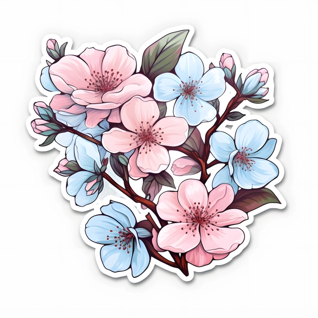 Pink and Blue Cherry Blossom on White