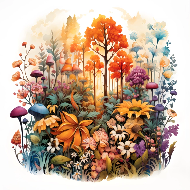 Whimsy Woods with a Colorful Tapestry of Enchanting Flora and Mushrooms