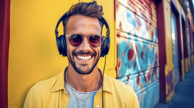 Portrait of a young smiling  handsome man with sunglasses  and headphones in urban background.