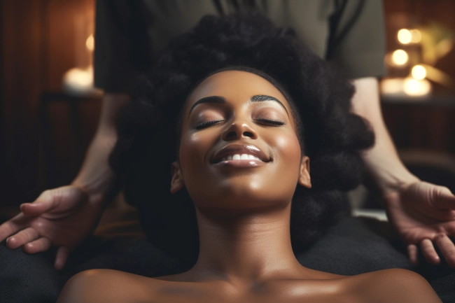 Young attractive black woman enjoying massage in spa salon - Relaxed female lying in wellness center, closeup