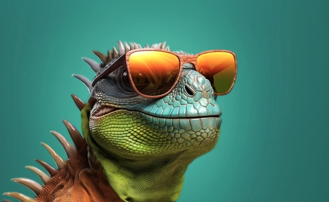 Cool iguana wearing sunglasses isolated on solid green background.