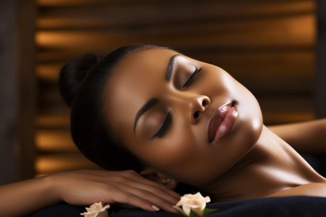 Relaxed black young woman lying on table in wellness center, closeup