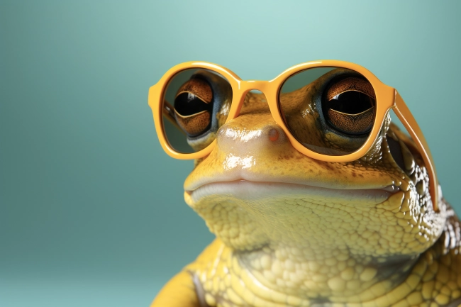 Funny frog wearing sunglasses over solid color background.