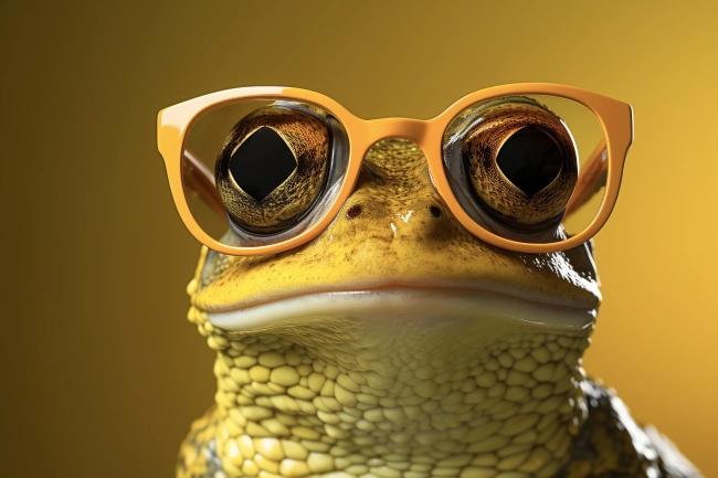 Funny frog wearing sunglasses over solid color background.