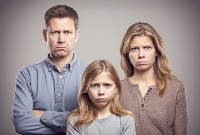 Portrait of family with disappointed face expression standing against a solid studio background