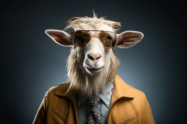 Portrait of goat with sunglasses wearing leather jacket and tie on solid background.