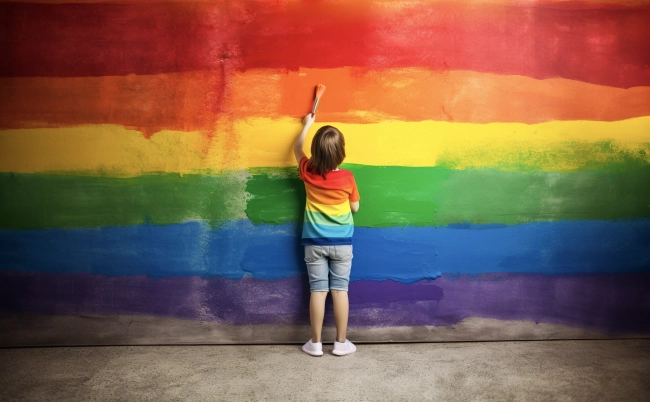 Boy painting LGBT rainbow flag on concrete wall.